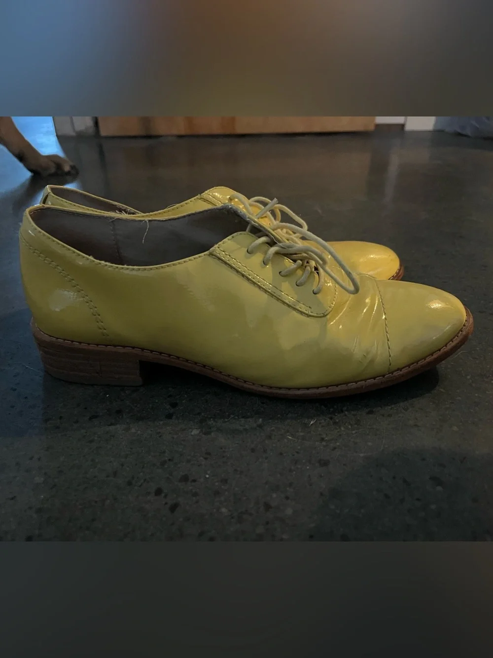 yellow oxfords with wooden heel